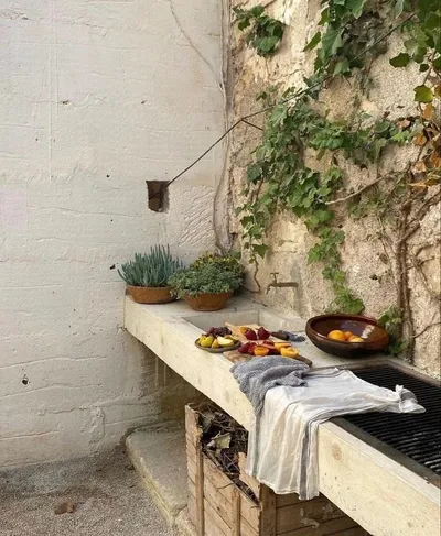 Outdoor kitchen counter with fresh fruit and plants
